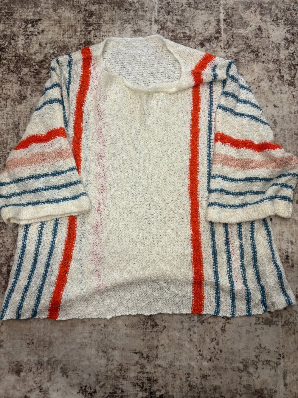 Striped Open Knit Boatneck Sweater Size XL Cream Orange Blue